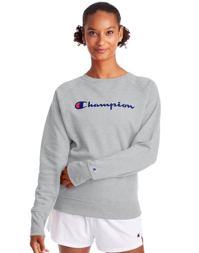 Champion Powerblend Fleece Classic Crew Script Logo - Naisten Harmaat Collegepaita - Suomi 3042976-O